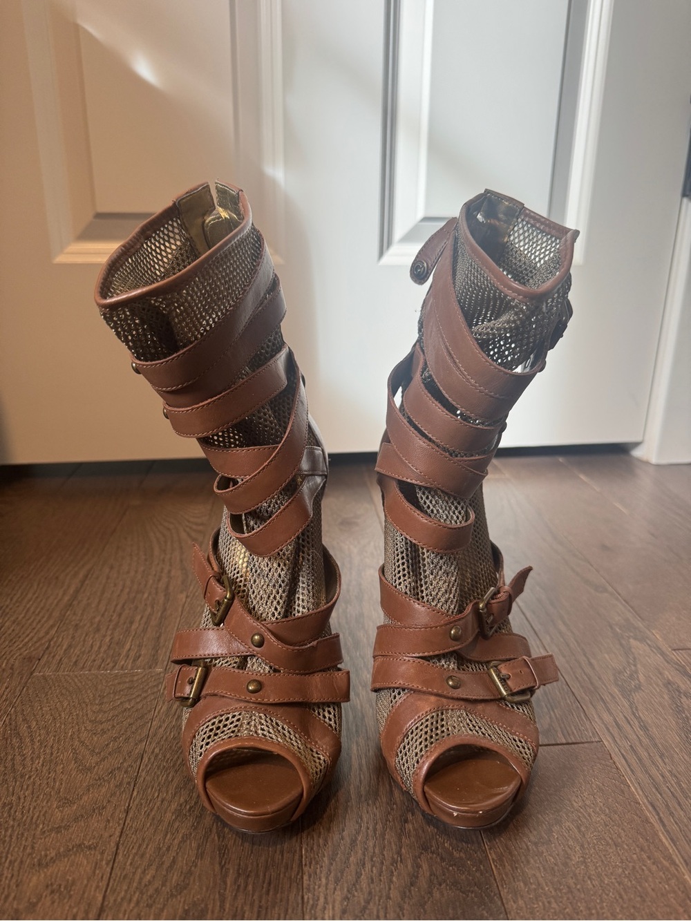 Guess peep-toe mesh stiletto booties